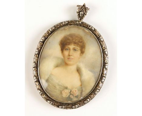English School (19th century),A portrait miniature depicting a lady in white fur stole with pink roses, possibly Louise, Prin