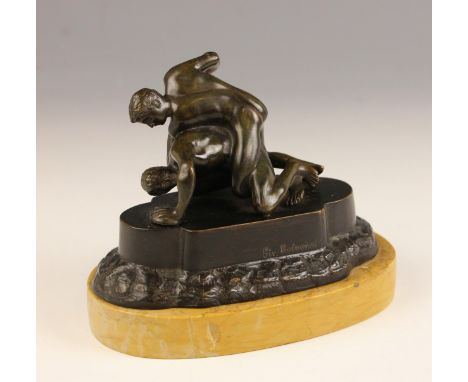 A Grand Tour patinated bronze figural group modelled as 'The Uffizi Wrestlers', 19th century Italian after the antique, the g