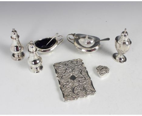 A selection of silver, including a Victorian silver card case, Nathaniel Mills, Birmingham 1854, the rectangular card case wi