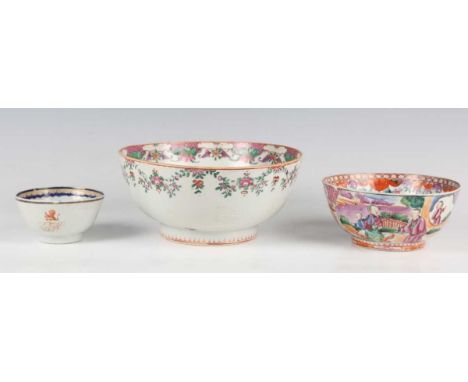 A Chinese famille rose and bianco-sopra-bianco export porcelain circular bowl, Qianlong period, painted with flowers, height 