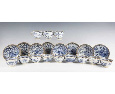 A Chinese blue and white export porcelain part tea service, Qianlong period, comprising four teabowls, five other similar tea