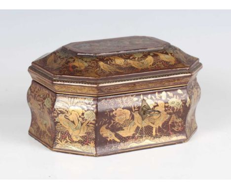 A Chinese Canton lacquer tea caddy, early to mid-19th century, of canted corner rectangular form, the hinged lid and bombé si