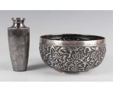 A Japanese silver vase, early 20th century, of shouldered tapering form, engraved with flowers, signature and Jungin mark to 