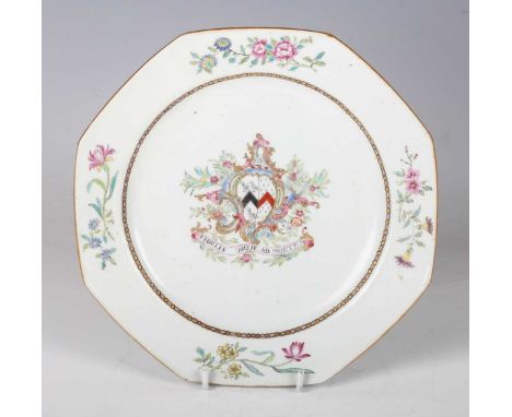 A Chinese famille rose armorial export porcelain octagonal plate, Qianlong period, the centre painted with a polychrome and g