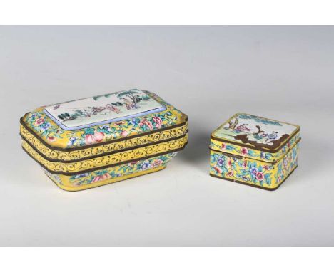 A Chinese Canton enamel rectangular box and cover, early 20th century, the top painted with a scene of a mother and two child