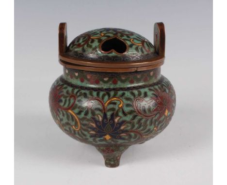 A Chinese cloisonné tripod censer and cover, late Qing dynasty, the globular body and domed cover decorated with polychrome l