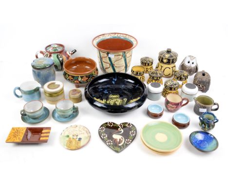 PLEASE NOTE ONE TURQUOISE SAUCER IS BROKEN (SEE ADDITIONAL IMAGE) Collection of studio pottery, to include a polychrome glaze