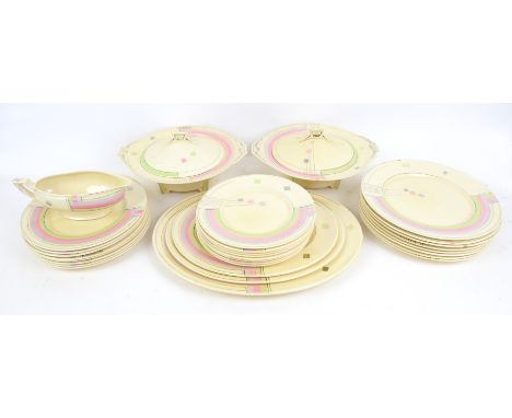 Art Deco Myott & Sons hand-painted part dinner service, comprising eight dinner plates 25cm diameter, eight plates 23cm diame