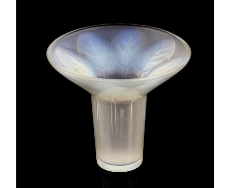 Rene Lalique Violettes frosted opalescent glass vase, the everted rim moulded with a band of African Violet leaves, wheel eng