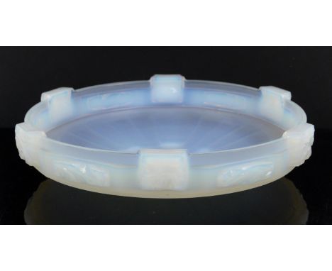 An opalescent moulded glass bowl, 37cm x 8cm, and a collection of George Davidson and Co amber cloud glass to include a pair 