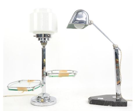 Art Deco style chrome desk lamp and shade on black marble base, H51cm, and another with white glass shade and two glass shelv