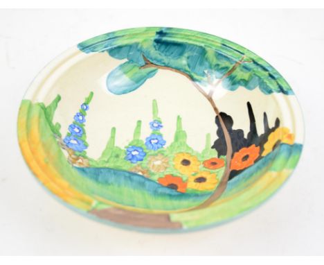  Clarice Cliff Bizarre Fragrance pattern shallow fruit bowl, the exterior with light blue rim and yellow glaze, 22.5cm diamet