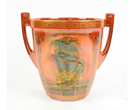 Royal Worcester Crown Ware two handled lustre vase, the orange ground with gilt and lustre decoration of Galleons under full 