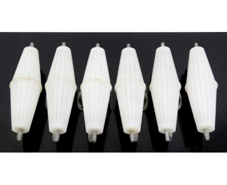 Six Art Deco style wall lights, cast aluminium with opaque plastic shades, h9.5cm w29cm, together with two Art Deco style ang