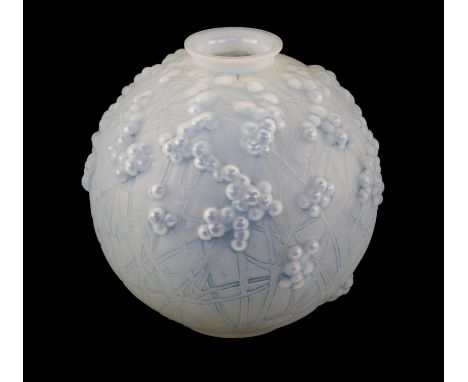 Rene Lalique 'Druide' vase, blue opaque opalescent glass with staining, etched script R. Lalique France, 18cm highCondition R