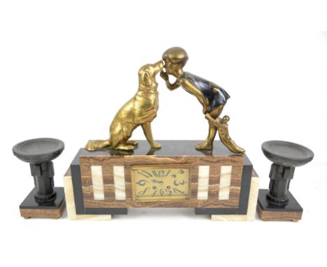 French Art Deco marble clock garniture, the central marble clock with spelter figures of a young girl and a dog, the Arabic d