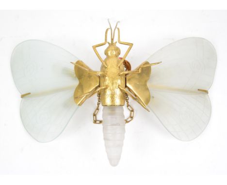 Art Deco ceiling light in the form of a butterfly with gilt metal body and opaque glass wings 53cm wideCondition Report:  Som