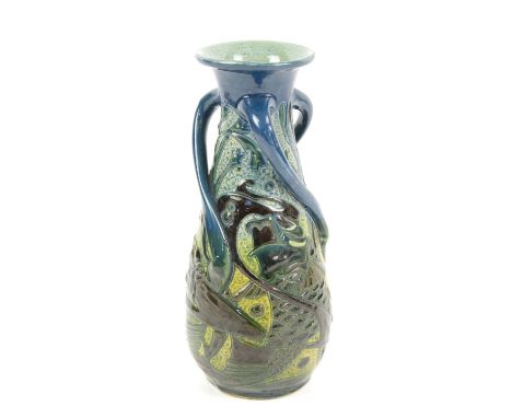  Art Nouveau C H Brannam vase, designed by Thomas Liverton, dated 1908, slender, shouldered form, pieced and modelled in low 