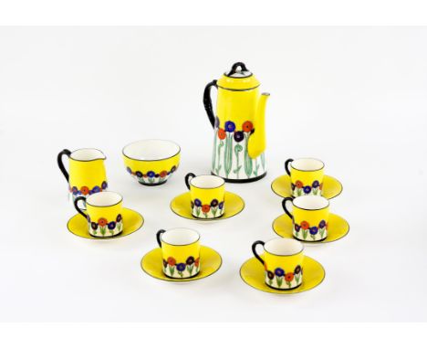 Art Deco Royal Worcester coffee set, comprising coffee pot, six cups and six saucers, cream jug and sugar bowl with stylised 