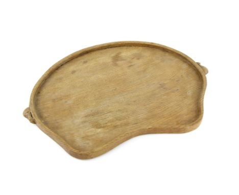 Robert 'Mouseman' Thompson of Kilburn, kidney shaped tea tray carved with two carved mice, W47cm