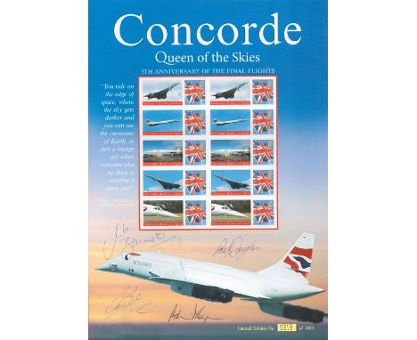 Concorde multi signed Queen Of The Skies stamp sheet number 319 of 1000 5th Anniversary of the final flights. Signed by Capta