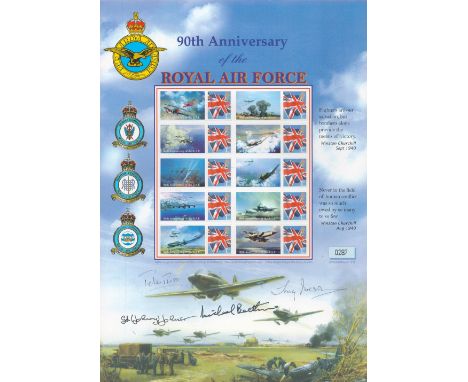 RAF multi signed 90th Anniversary stamp sheet limited edition number 287 of 1918. Signed by Marshal of the RAF Sir Michael Ja