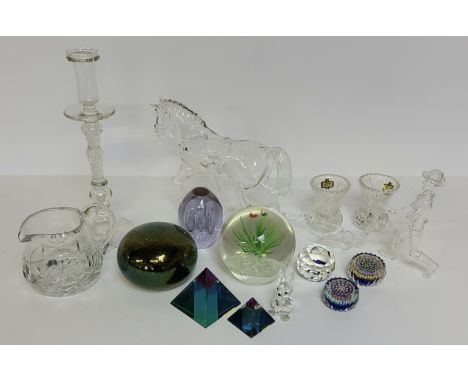 Decorative glass including two Perthshire millefiori paperweights; a handblown glass horse, plough &amp; famer; a Georgian st