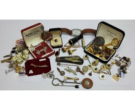Gentleman's accessories including penknives, gold &amp; silver plated cufflinks including a pair of horse head reverse painte