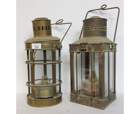 Lighting - Salvage - a Davey &amp; Co London copper oil lantern; another similar this time with a cylindrical body, 37cm high