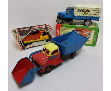 A West German Gama tipper truck with front loader bucket, red cab, cream roof, blue bucket and tipper; a boxed Lone Stars Kin