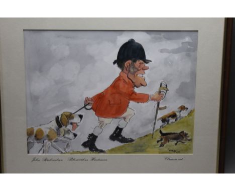 Wilk John William Wilkinson 1906-1994, a watercolour cartoon depicting Johnnie Richardson and The Blencathra Foxhounds, signe
