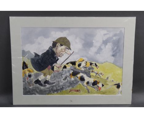 Attributed to John William Wilkinson (Wilk 1906-1994), watercolour cartoon, gentleman jumping a wall with hounds and terriers