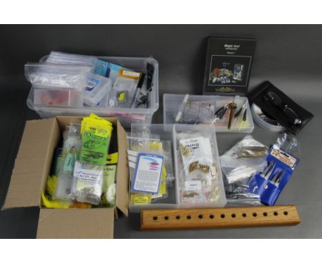 A box lot containing fly tying hooks, fly tying tools, tube fly tubes etc.
