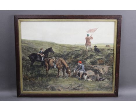 Haywood Hardy a coloured print "Grouse Shooting", together with two engravings of Pointers, the first 43 x 55 cm.