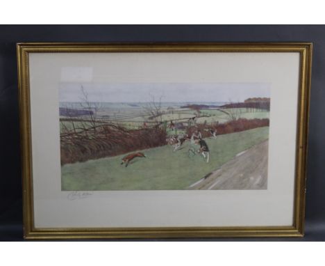 Cecil Aldin 1870-1935 a pair of signed foxhunting prints in gilt frames, the first featuring The Pytchley "Who-Whoop at Hazel