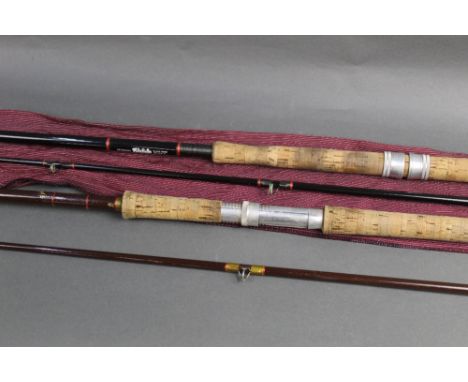 The House of Hardy, a fibre light spinning rod in two sections, 9' 6", together with a fibre tube Alnwick England spinning ro