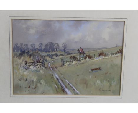 G.N. Johnson a pair of watercolour gouache paintings, depicting foxhunting, the first with huntsman and hounds, the second wi