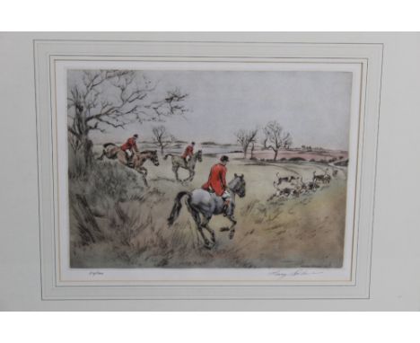 Henry Wilkinson, a signed limited edition engraving of a fox hunt 27/200, 24 x 34 cm, framed and mounted.