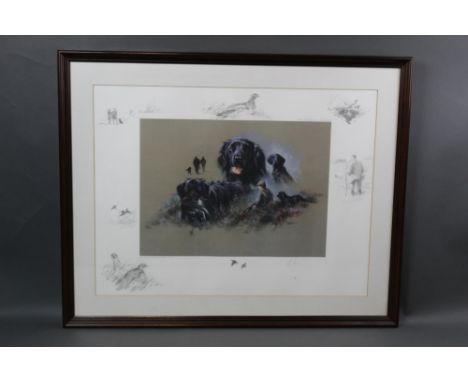 Two signed limited edition prints, the first by Mick Cawston Flat Coated Retrievers and Red Grouse 12/850.  45 x 60 cm, frame