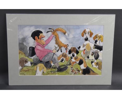 John William Wilkinson (Wilk 1906-1994), watercolour cartoon, gentleman with hounds and fox, signed and dated '93.  29 x 47 c