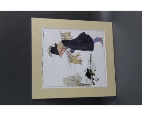 Attributed to John William Wilkinson (Wilk 1906-1994), watercolour cartoon, lady with ferret and rabbits.  34 x 29 cm mounted