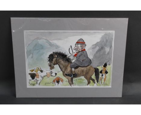 John William Wilkinson (Wilk 1906-191994), watercolour cartoon -man on horseback with hounds, signed and dated '93.  24 x 36 