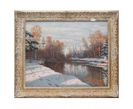 The superb landscape River Bank in Winter by Boris Bessonov transports the viewer to the enchanted world of winter nature, fi