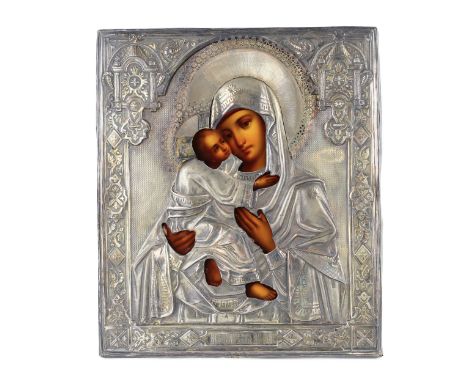 The icon of Our Lady of Vladimir in a silver frame, created in 1888 in Moscow, is a magnificent example of an analogion icon 