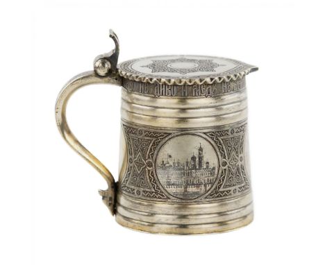 Russian silver mug for beer or mead made by P. Ovchinnikov. Moscow. 1871 Conical in shape with a hinged lid, stylizing bast p