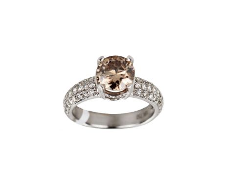 Classic design ring, 18-carat white gold, with diamonds. Cognac color center stone - 1.63 carats. SI2. Set with 68 diamonds 0