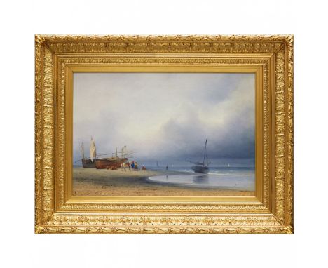 A.N. Mordvinov. Seascape. 1849. A romantic seascape with a damp, changeable sky, fishing boats on the shore and sails at sea.