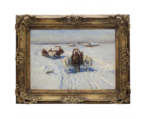 Franz Roubaud&amp;39;s painting "Peasant Troikas in Winter" is a striking example of the artist&amp;39;s mastery in conveying