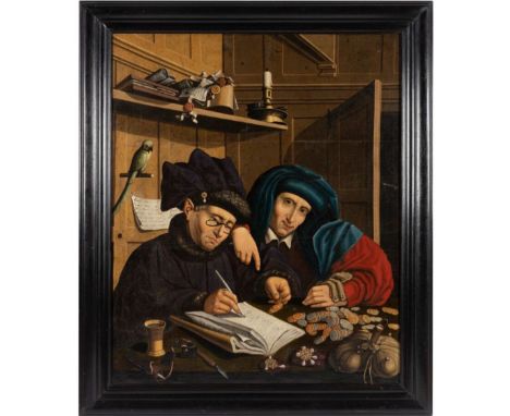 The painting, executed in the manner of Marinus van Reymerswaele, depicts two tax collectors with grotesque faces, sitting at