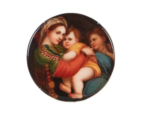 Porcelain plaque with the image of Madonna and Child and John the Baptist. According to Raphael. The stamp of the Capitoline 